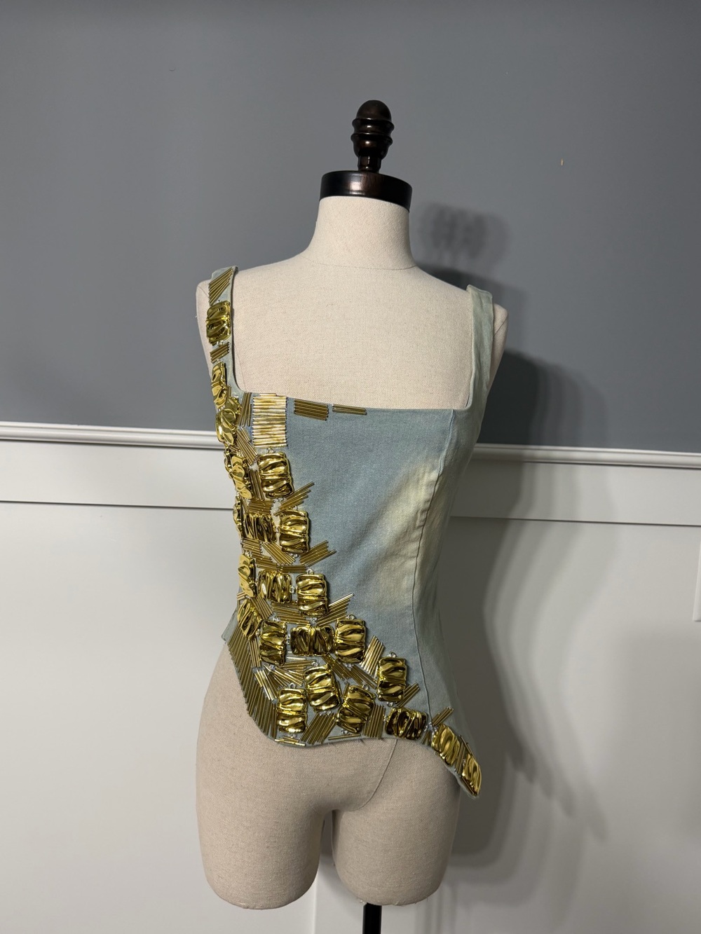 AKIRA Gold-Metal Embellished
Pastel Blue Sculpted Women's Top